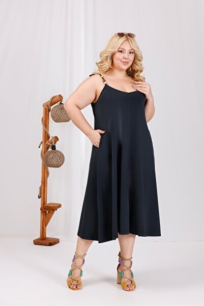 Siyezen Plus Size Wooden Bead Detailed Washed Fabric Dress