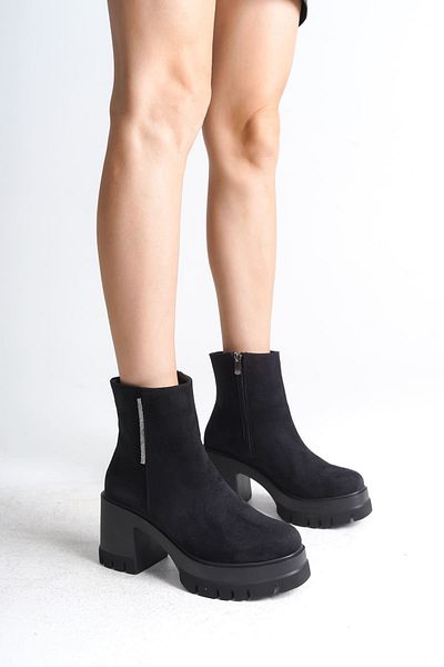 Joy Ayakkabı Lisse Zippered Orthopedic Sole Thick Heeled Suede Women's Boots Sst - Black