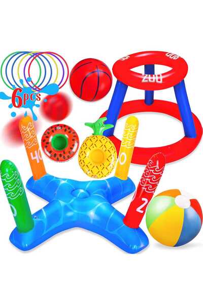 Timebox 3 in 1 Inflatable Pool Games Set – Floating Basketball Hoop, Ring Toss and 30 cm Beach Ball, Ideal f