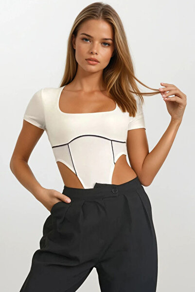 VAGGON Women's White Square Neck Short Sleeve Body Suit Vs00691