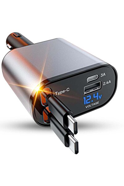 Timebox Încărcător auto 66W, încărcare super rapidă 4 în 1, cablu retractabil Type-C + USB-C, mufă USB, USB-C, LED D