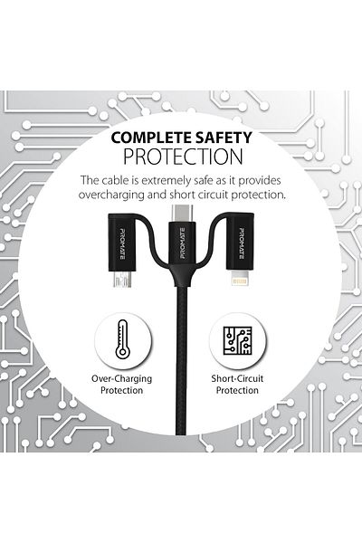 Promate 6-In-1 Multi Charging Cable, Lightning, USB-C, Micro USB to USB-A and USB-C,PentaPower-Black