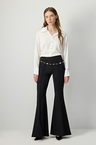 Touche Siyah Nervürlü İspanyol Paça Pantolon mkn4009