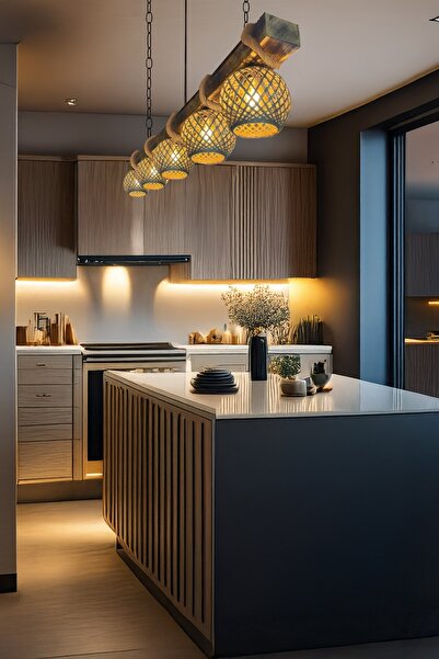 Celestia Rustik 5’li Doğal Eskitilme Ahşap Avize El Yapımı Jüt Modern Lamba Sarkıt İskandinav Aydınlatma