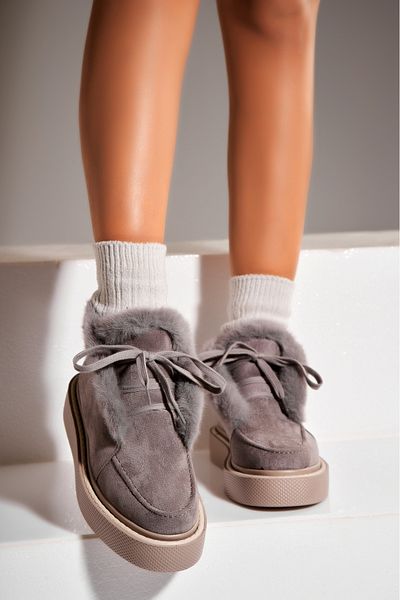 Joana Women's Gray Fur-lined Boots Made of Eco-Suede Leather Zayla