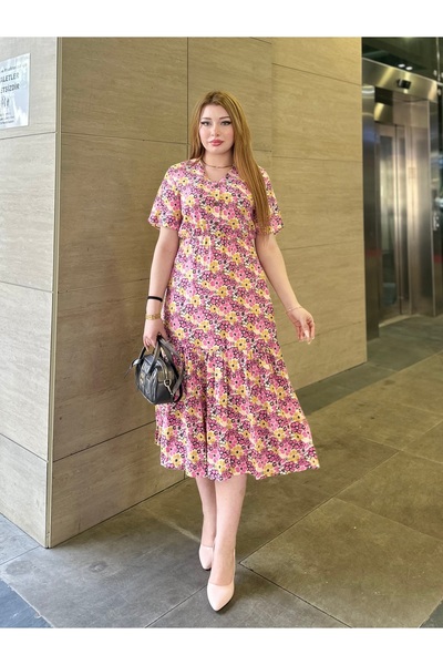 Moda Makkon Çiçek Desenli Yeni Sezon Midiboy Elbise %100 Pamuk Elbise
