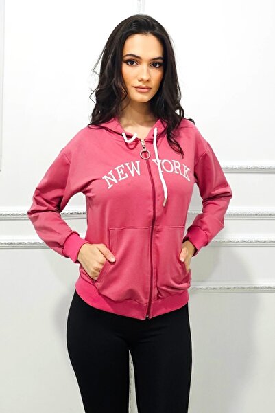 FashionForYou AMYR New York cotton sweatshirt, adjustable hood and zipper, Pink