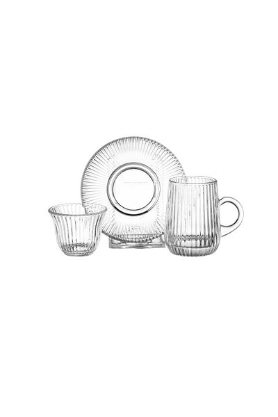 Dania 36-piece clear glass tea set consisting of 12 tea cups + 12 tea saucers + 12 Saudi coffee cups