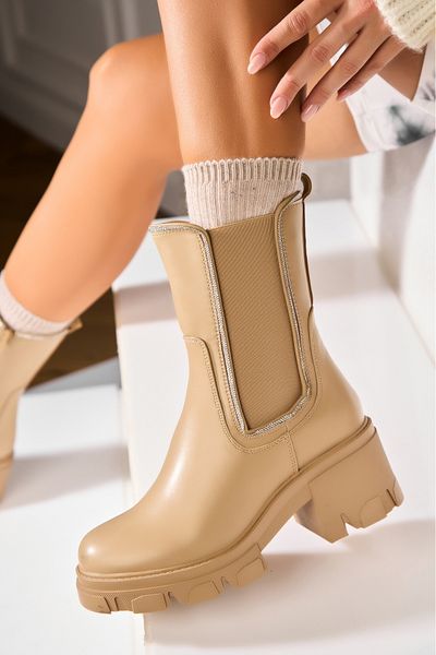 Joana Women's Khaki Fur-lined Boots Made of Ecological Leather Zolie