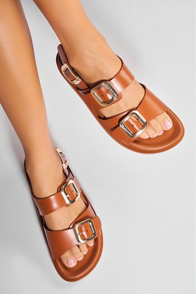 Joana Women's Sandals Without Heels Made of Ecological Leather Camel Lavyre