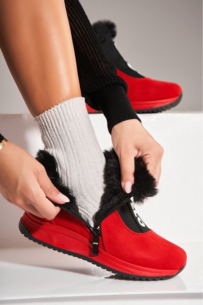 Joana Women's Red Fur-lined Boots Made of Eco-Suede Leather Hania