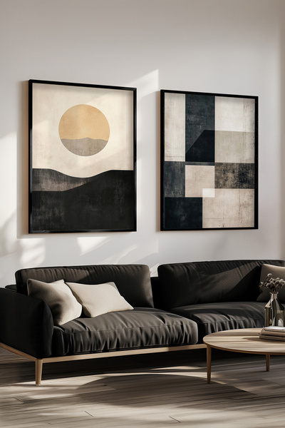 STARYUNA Set de 2 picturi moderne boeme cu rame din lemn negru, pictură pentr...