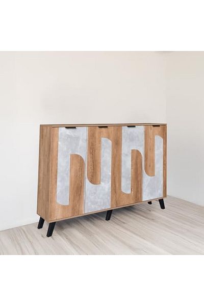 BAITY Wide Shoe Cabinet - Malaysian Wood, 5 Shelves, Wooden & Gray