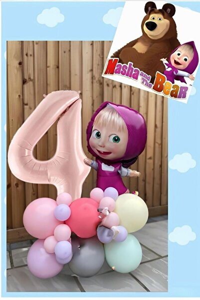 PARTİAVM 4 Yaş Maşa ve Koca Ayı Pembe Rakam Balon Seti Maşa ve Koca Ayı Temal...