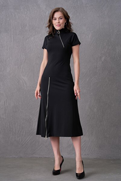 Secret Passion Lingerie Siyah Dalgıç Kumaş Fermuar Detaylı Kısa Kollu Midi Abiye Elbise 2175