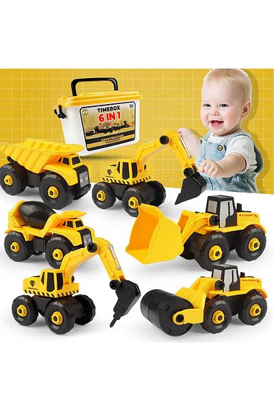 Timebox 6 in 1 Toy Car Set – STEM Toy to Assemble Construction Vehicles, Dismantled Bulldozer, Concrete Mix