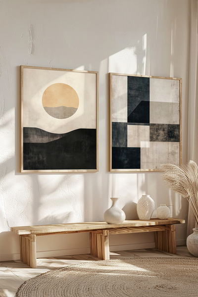 STARYUNA Set de 2 tablouri moderne boeme cu rama din lemn, tablou pentru came...