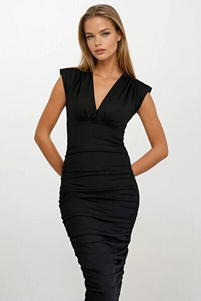 VAGGON Γυναικείο μαύρο φόρεμα με κοντό μανίκι με λαιμόκοψη σε σχήμα V Vs00694