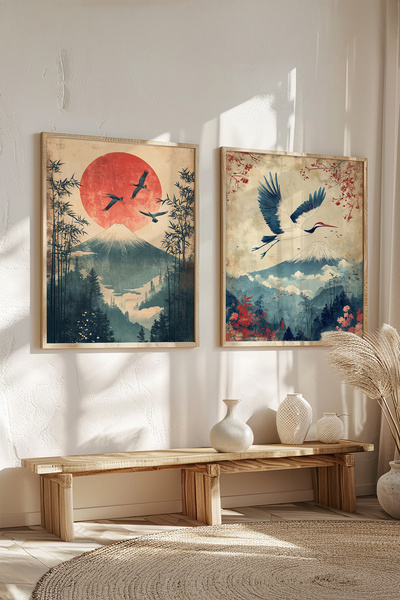 STARYUNA Set de 2 picturi japoneze cu cadru din lemn, cu vedere la natură și ...