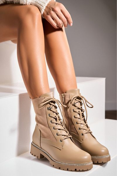 Joana Women's Khaki Fur-lined Boots Made of Alise Eco-Leather