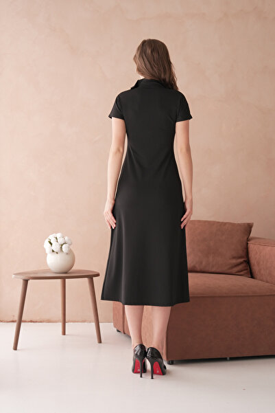 vuvutasarım Black Stretchy Diver Fabric Zipper Design Short Sleeve Black Midi Dress 2175