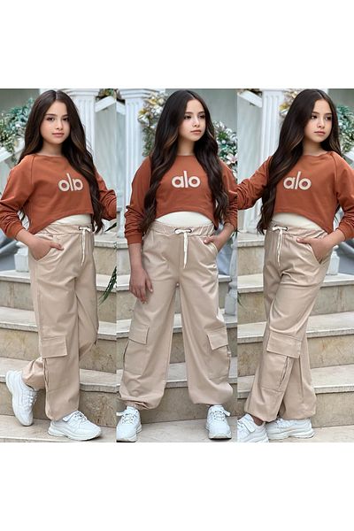 ALPİDS 3-Piece Combed Cotton Sweatshirt Athlete Girl's Set with Gabardine Pants