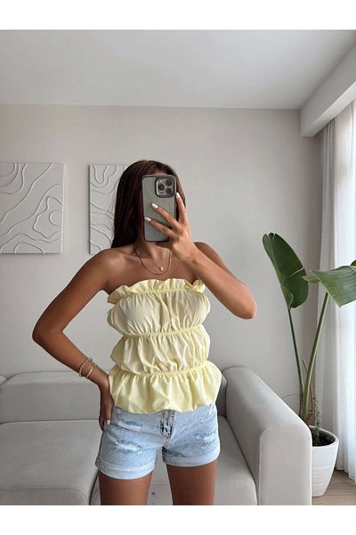 Zoom Butik Flounced Strapless Crop - Yellow