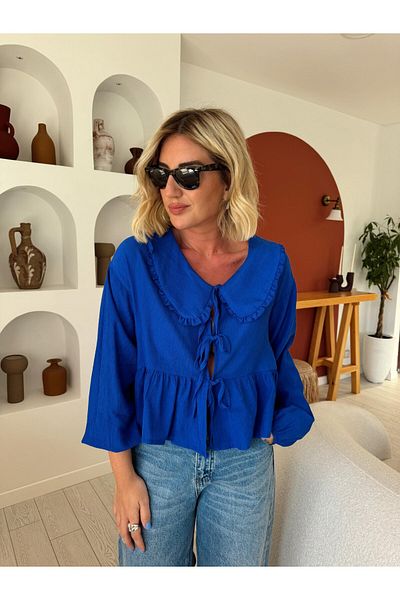 My Blog Saks Blue Baby Collar Lace-Up Shirt - 14542