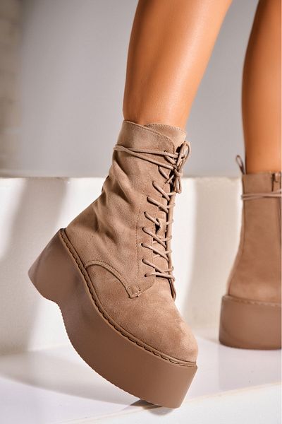 Joana Women's Khaki Fur-lined Boots Made of Ecological Suede Leather Pranika