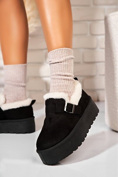 Joana Γυναικείες μαύρες μπότες με επένδυση γούνας από οικολογικό σουέτ δέρμα ...