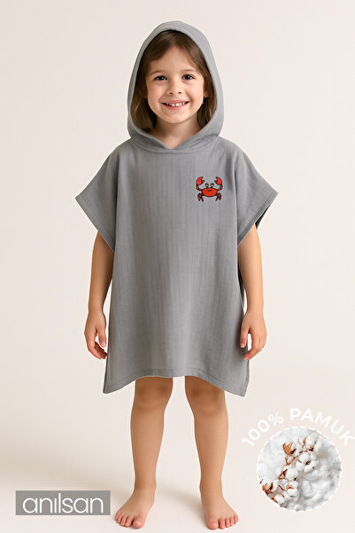 Anılsan Müslin Kapşonlu Plaj Kız- Erkek Çocuk Bebek Panço Yengeç %100 Pamuk
