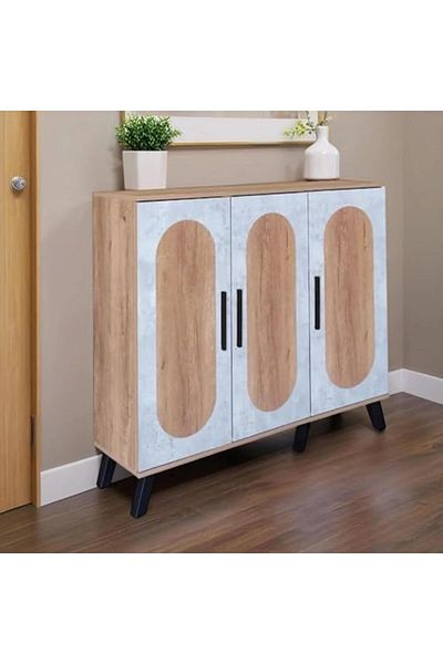 BAITY Shoe Cabinet with 3 Doors - Malaysian Wood, Wood and Grey - MLY-1048