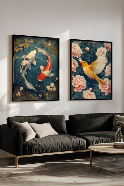 STARYUNA Pictură în stil japonez cu pește koi și pasăre, set de 2 picturi cu ...