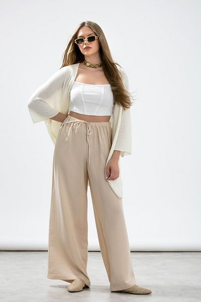 LA PANTE Wide Leg Muslin Trousers with Elastic Waistband and Laces