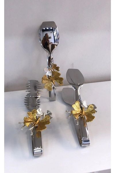 Aslı Hediyelik Butterfly Silver Elegant Service Presentation Set 3-Piece Tongs Set Stainless Steel