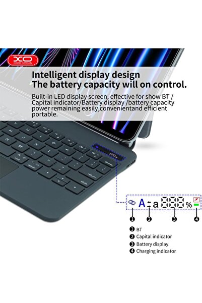 Xo Kablosuz Klavye KB09 - iPad 10.9''/11'' Uyumlu, Touchpad’li, Dijital Ekranlı, Türkçe Q, Şarjlı