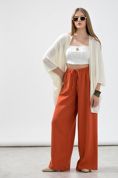 LA PANTE Wide Leg Muslin Trousers with Elastic Waistband and Laces