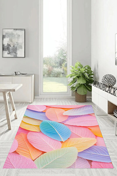 Pembe Yaprak Desenli, Kaymaz Taban Halı, Makinede Yıkanabilir, Dijital Baskılı Halı