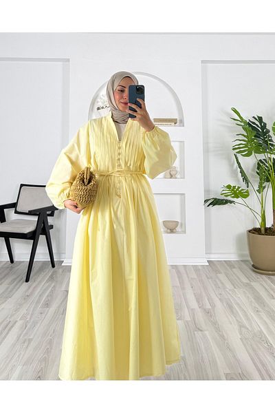 EFSUN MODA Poplin Fabric Front Bonded Bib Dress Yellow