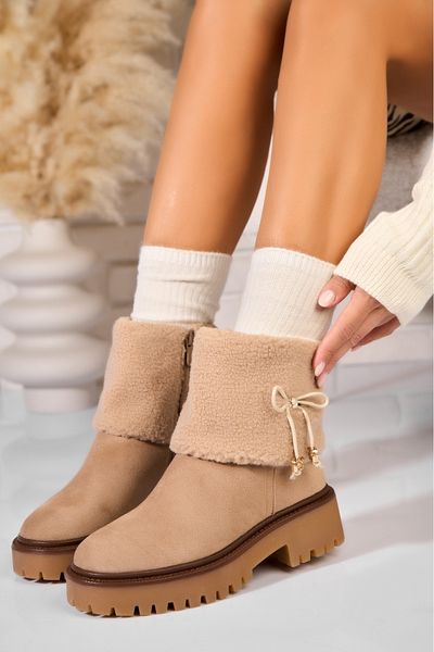 Joana Women's Khaki Fur-lined Boots Made of Suede Leather Presli