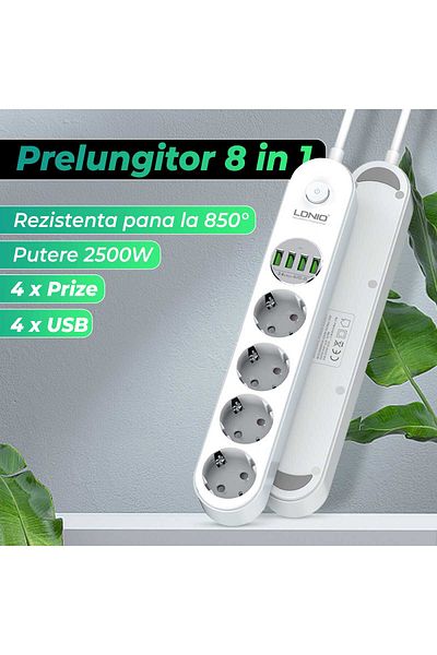 Timebox Extension Cord, 4 Outlets, 4 x USB, 2500W, ON/OFF Button, Surge Protection, 2m, White
