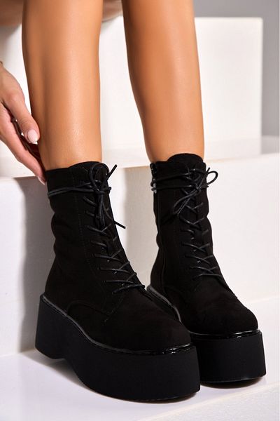 Joana Women's Black Fur-lined Boots Made of Ecological Suede Leather Pranika