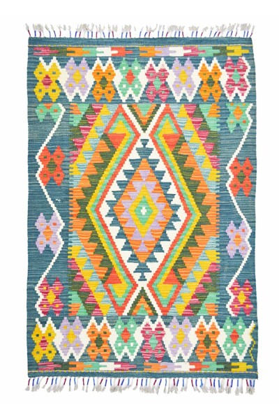 Handmade Yün İplikten El Dokuma Koyu Yeşil Afgan Kilim 82x122 cm (1 m²)