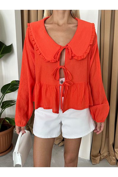 My Blog Dark Orange Baby Collar Lace-Up Shirt - 14542