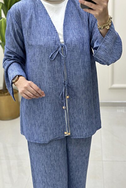 Miss Önü Bağlamalı Kolu Volanlı Ceket ve Pantolon Kadın İkili Takım İndigo MSE 8102