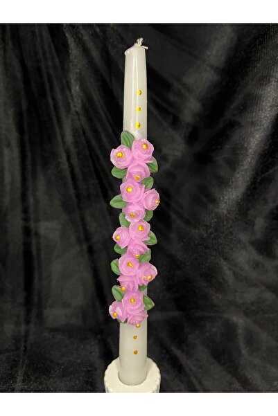 Nis Candle More Kabartma çiçek detaylı şamdan mum- pembe renk güllü desen