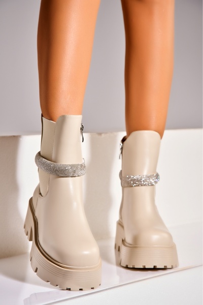 Joana Γυναικείες μπεζ μπότες με επένδυση γούνας από οικολογικό δέρμα Avory