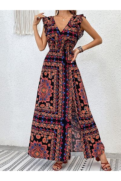 JANES Rochie casual de vară pentru femei, cu mâneci scurte, cu decolteu în V, cu model cu fantă
