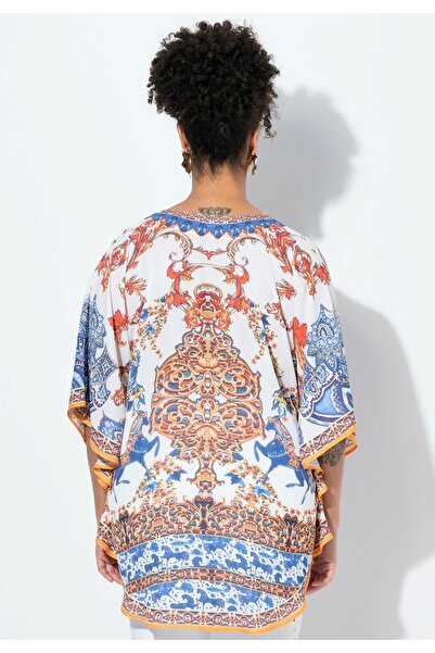 Şans Γυναικεία Μπλούζα Plus Size Πολύχρωμη, Χαμηλό μανίκι, Μπροστινή Λεπτομέρεια Δαντέλας Μπλούζα 65N39042