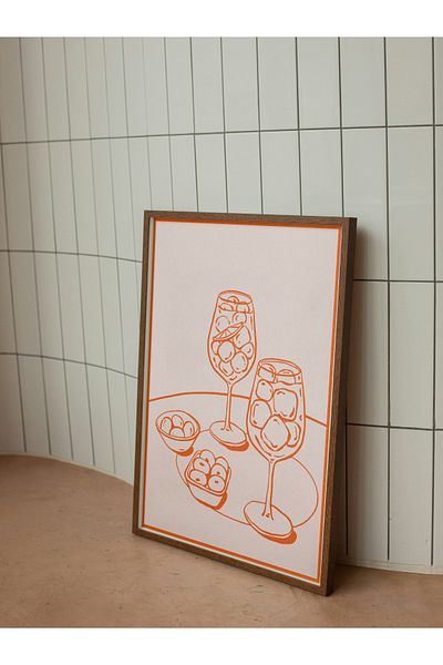 studio duha Aperol Goblet and Snack Illustration Poster – Modern Minimal Line Art Decor – Frameless Print